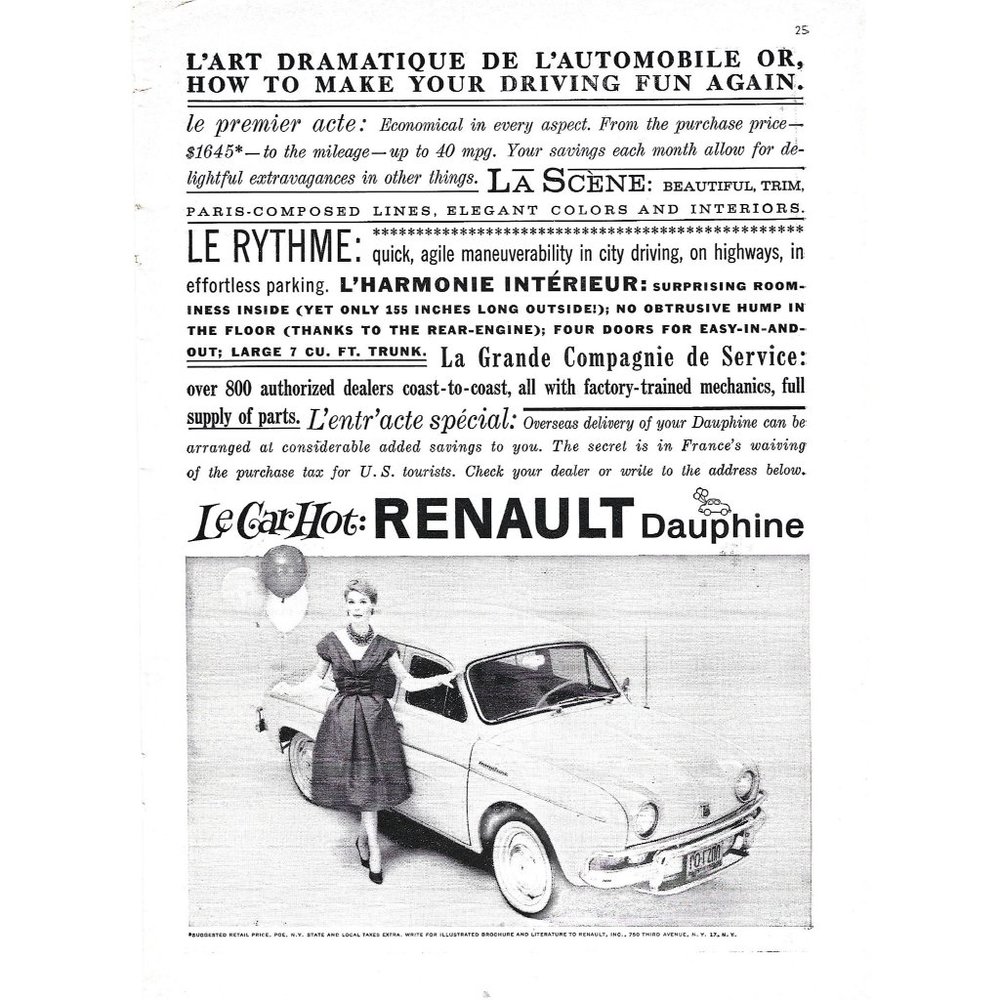 Le Car Hot Renault Dauphine 1960s Vintage Print Ad 9 inch Tall